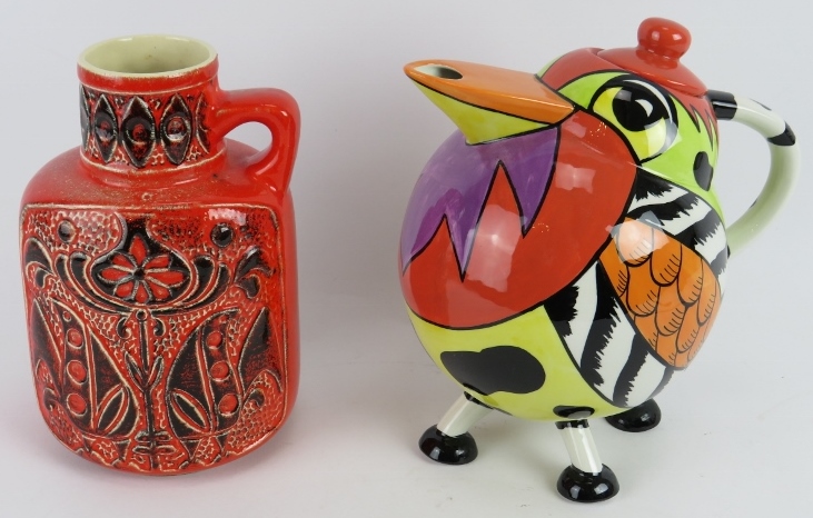 A Lorna Bailey novelty bird shaped teapot and a mid century German fat lava jug. Tallest 23cm. (