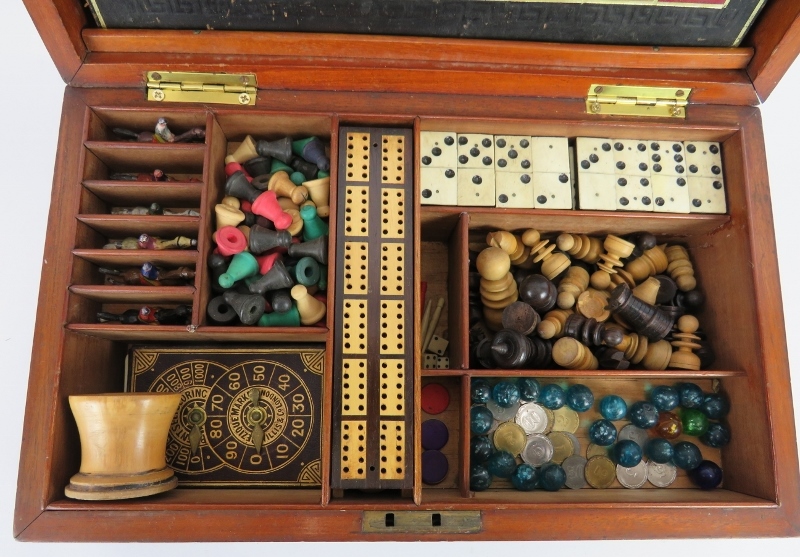 A late 19th century F. H. Ayres Games Compenium in fitted mahogany case. Games including Chess, - Image 3 of 7