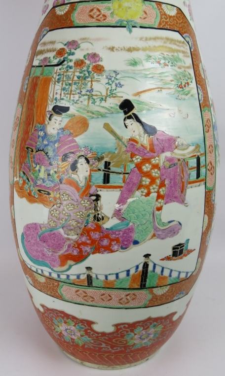 A large antique Japanese floor vase, Meiji period, hand decorated with Geisha Cartouche among - Image 2 of 6