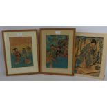 Japanese School (19th century) - three woodcut prints on fabric, 32cm x 22cm, 28cm x 18cm, 26cm x