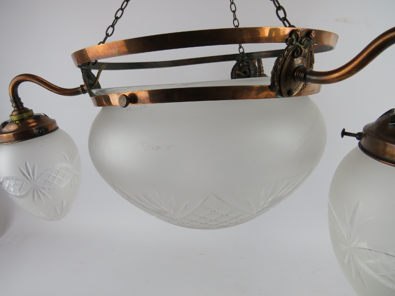 An early 20th century copper Plafonnier ceiling light with frosted and cut glass shades. Drop: 48cm. - Image 2 of 5