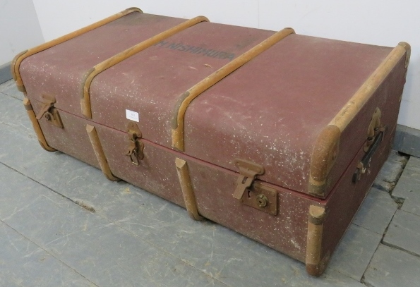 A vintage trunk with steel fittings, bound with bentwood. Stamped ‘M. Nishimura’. H34 W90 D50 ( - Image 2 of 3