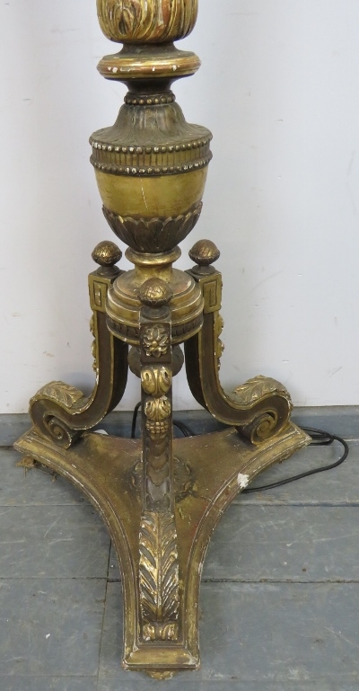 An ornate vintage gilt gesso standard lamp in the 18th century Italian taste, the reeded tapering - Image 2 of 3