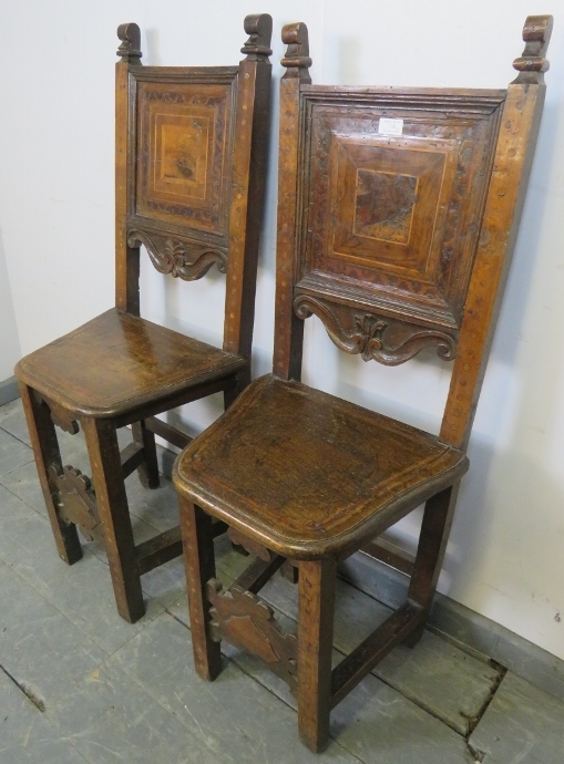 A pair of 17th century and later cherrywood Tyrolean his and hers inlaid hall chairs, the back - Image 2 of 4