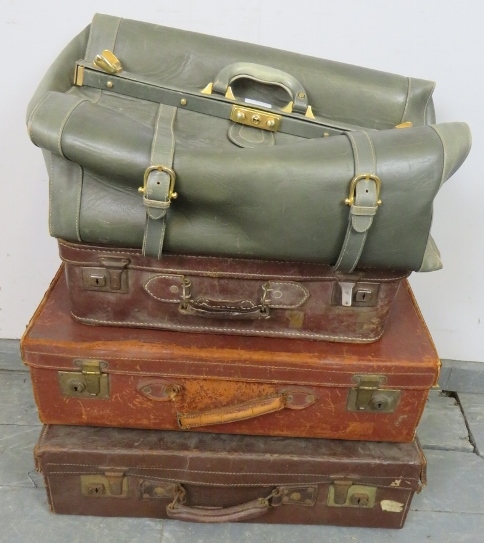 Three vintage leather suitcases, together with a London maker vintage leather doctor’s bag with