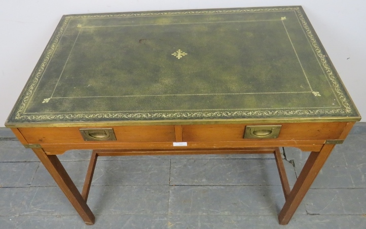 A vintage yew wood brass bound campaign style desk, with inset green leather gilt tooled writing - Image 3 of 3