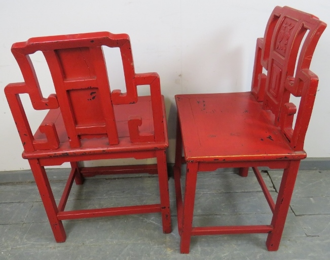 A set of four early 20th century Chinese cinnabar dining chairs in red lacquer with gold accents, - Image 3 of 3