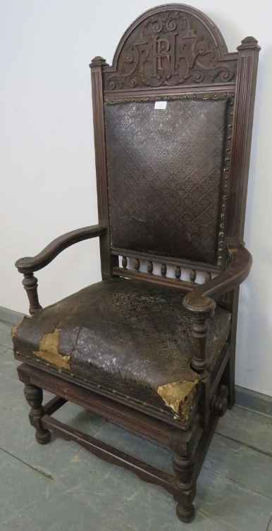 An unusual 19th century mahogany height adjustable throne chair, the cornice with relief carved - Image 2 of 3