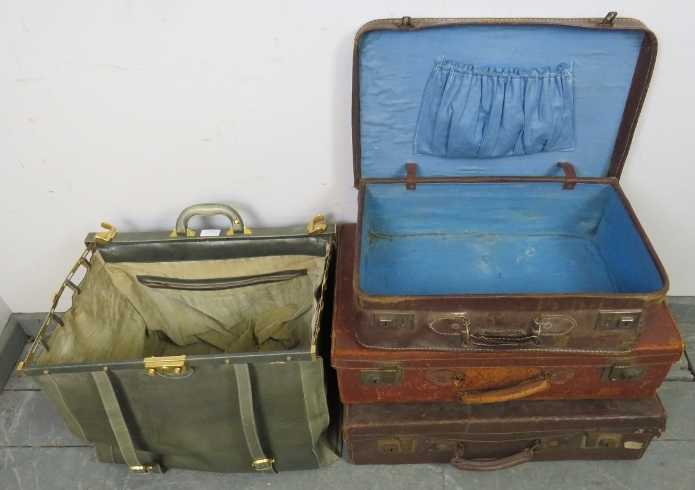 Three vintage leather suitcases, together with a London maker vintage leather doctor’s bag with - Image 3 of 3