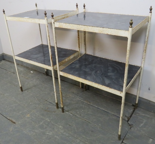 A pair of vintage two-tier side tables with brass finials and blue marble effect shelves, on steel - Image 2 of 3