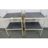 A pair of vintage two-tier side tables with brass finials and blue marble effect shelves, on steel