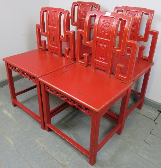 A set of four early 20th century Chinese cinnabar dining chairs in red lacquer with gold accents, - Image 2 of 3