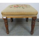 A 19th century mahogany square stool, upholstered in velvet and tapestry material with gold