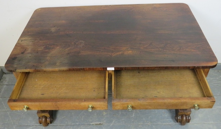 A William IV rosewood library table with two short drawers and two dummy drawers, on scrolled - Image 3 of 3