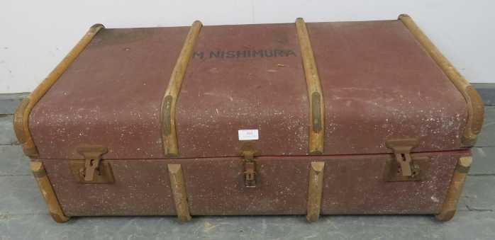 A vintage trunk with steel fittings, bound with bentwood. Stamped ‘M. Nishimura’. H34 W90 D50 (