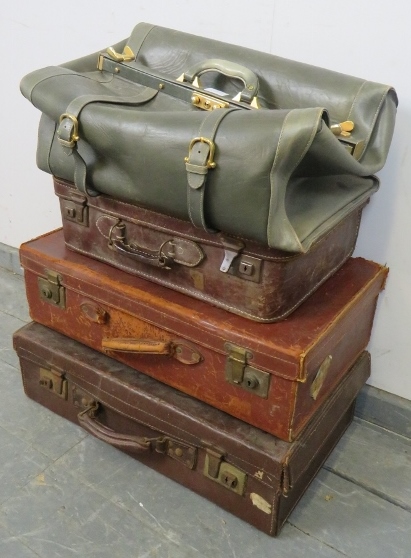 Three vintage leather suitcases, together with a London maker vintage leather doctor’s bag with - Image 2 of 3