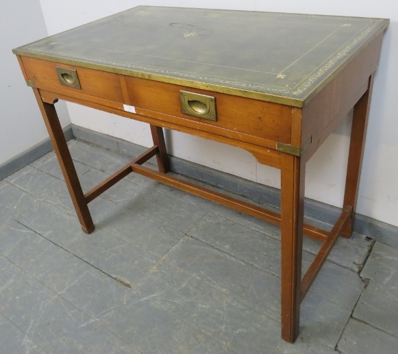 A vintage yew wood brass bound campaign style desk, with inset green leather gilt tooled writing - Image 2 of 3
