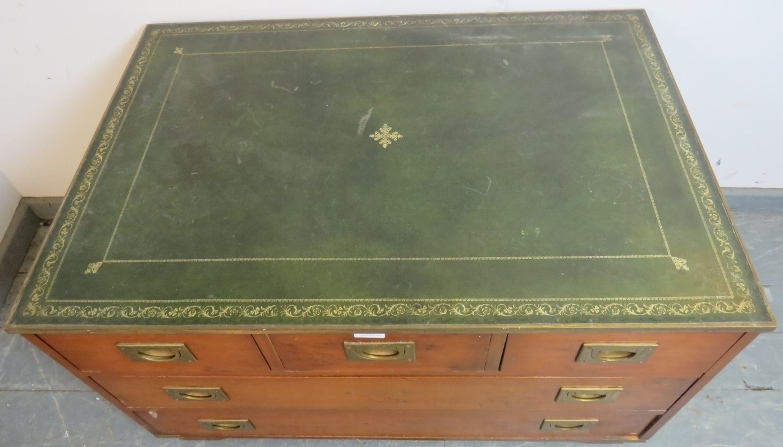 A vintage yew wood campaign style chest with inset green leather gilt tooled surface, housing - Image 3 of 4