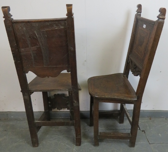 A pair of 17th century and later cherrywood Tyrolean his and hers inlaid hall chairs, the back - Image 4 of 4