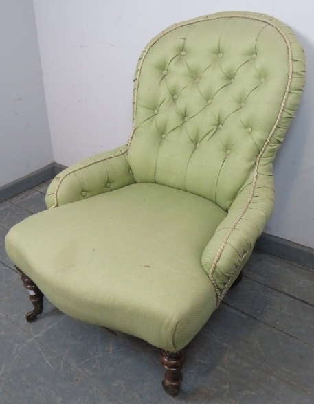 A Victorian bedroom chair, reupholstered in green buttoned material, on tapering walnut supports - Image 2 of 3