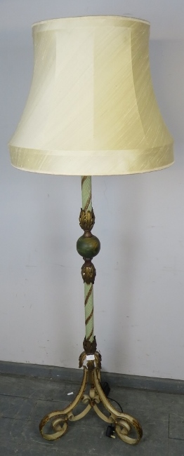 An ornate metal standard lamp in the Florentine taste, with painted rope twist column and gilt - Image 4 of 4