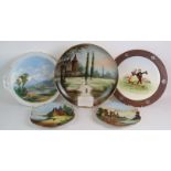 Five antique continental porcelain hand decorated chargers including two Limoges and one with a