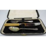 A silver Christening spoon & fork. Sheffield 1943. 1.4 troy oz/43 grams. Replacement knife.