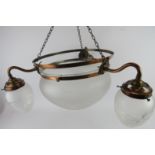 An early 20th century copper Plafonnier ceiling light with frosted and cut glass shades. Drop: 48cm.