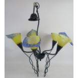 A 5 branch black steel Art Nouveau style chandelier light fitting with blue and yellow Gallé style