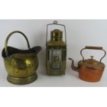 A brass Davey & Co oil lantern, a brass coal scuttle and an antique copper kettle. (3). Condition