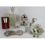 A selection of good quality silver plated wares, including six goblets, an egg coddler, grape
