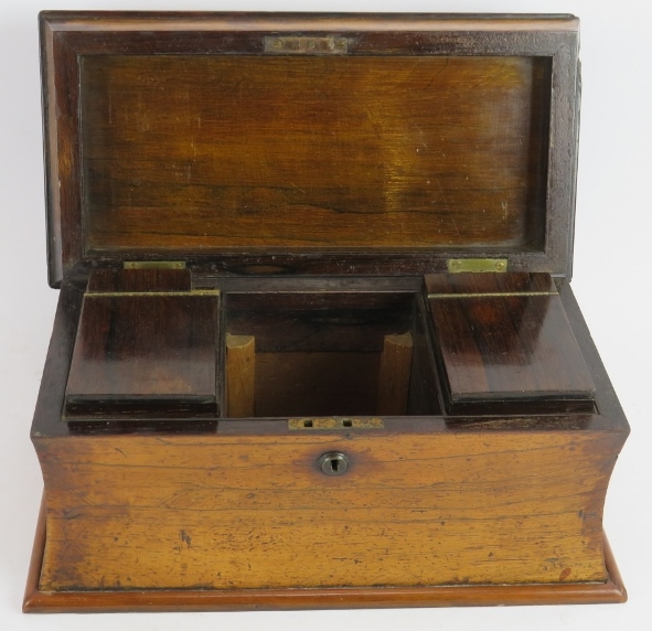 A 19th century Rosewood Sarcophagus shaped tea caddy. Partially internally fitted. Length: 34.5cm, - Image 3 of 4