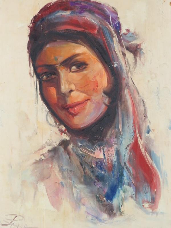 Middle Eastern School (20th century) - 'Male & Female Portraits', a pair, oils on canvas, - Image 2 of 6