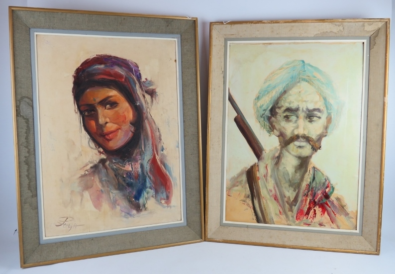 Middle Eastern School (20th century) - 'Male & Female Portraits', a pair, oils on canvas,