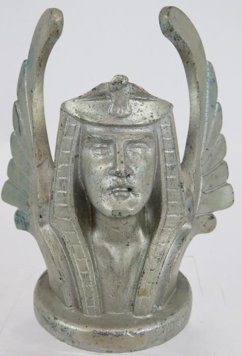 A rare French Egyptian winged Pharaoh's head car mascot by Auto Omnia, modelled by Sasportas,