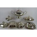 A large Georgian style silver plated tureen, a pair of scallop shaped serving dishes and four