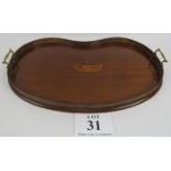Edwardian kidney shape mahogany tray, shell inlay, brass handles. 57cm overall. Condition report: