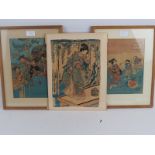 Japanese School (19th century) - three woodcut prints on fabric, 32cm x 22cm, 28cm x 18cm, 26cm x