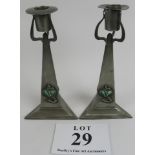 Pair Arts and Crafts pewter candle sticks, 'Connell', Cheapside, 02208, 22cm height. Stamped to