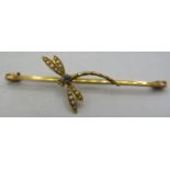 A 9ct yellow gold delicate dragonfly bar brooch set with an aquamarine body & seed pearl wings.