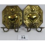 Pair of brass wall lights by Basche, twin sconces heart reflectors. 30cm height x 26cm wide.