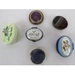19th century enamelled patch box and others. Two reproduction boxes, cigarette box and two enamel.