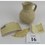 Iron age jug circa 1200-930 BC, found in the Hebron area, with certificate, 17cm height. Condition