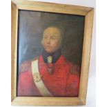 19th century English school: Oil on canvas, portrait of an officer in red jacket, framed in pine,