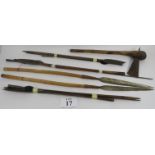 Collection of African wood and metal spears, including Samburu spears, Zulu fighting spears and