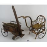 Edwardian style cane dolls chair and wooden cart. Cart 30cm height x 50cm long. Condition report: