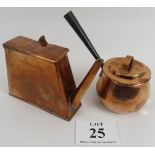 Copper pan and lid, metal handle, and flat kettle, possibly travel pot. Kettle 18cm height, pot 11cm