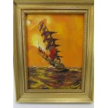 George R. Deakins (1922-1982) 'The Tall Ship' oil on panel, signed Lower inscribed and dated '79