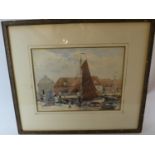 May M. Brown (1887-1968), watercolour, harbour view with boat, signed lower left, 27cm x 37cm,