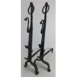 A pair of large French antique wrought iron fire andirons in the 16th/17th century style. Overall